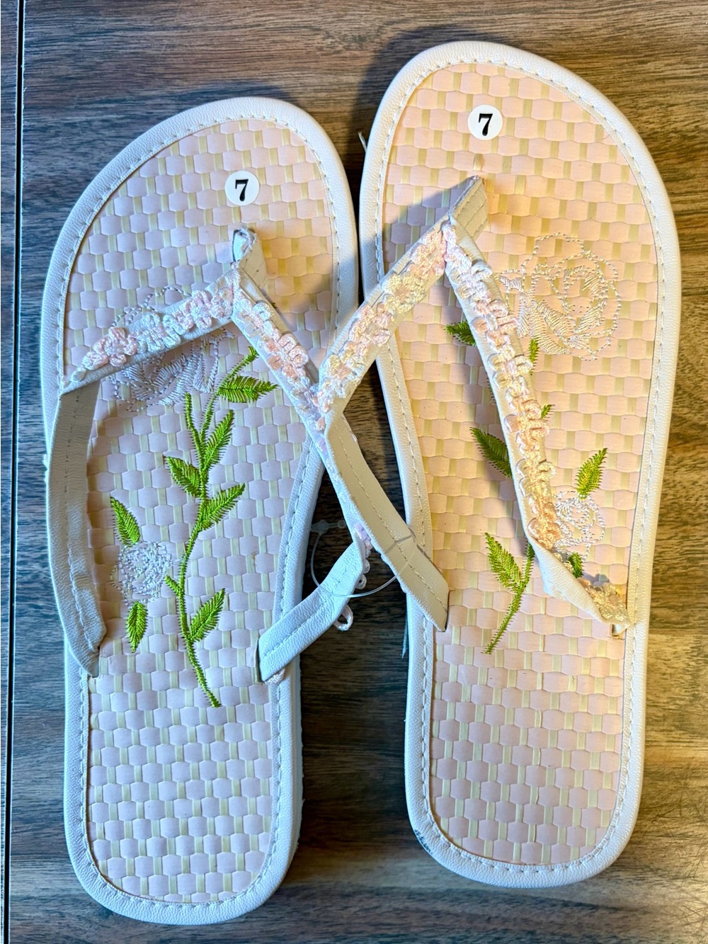 Women's Pink Embroidered Floral Flip Flop Flats
